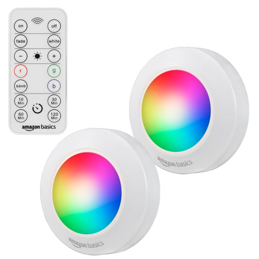 Amazon Basics LED Puck Lights, Color Changing, Battery Operated, IR Remote, 40 Lumens, 2 Pack, Wireless Lights, Stick on Lights, Under Cabinet Lighting, Ideal for Closets, and More, White