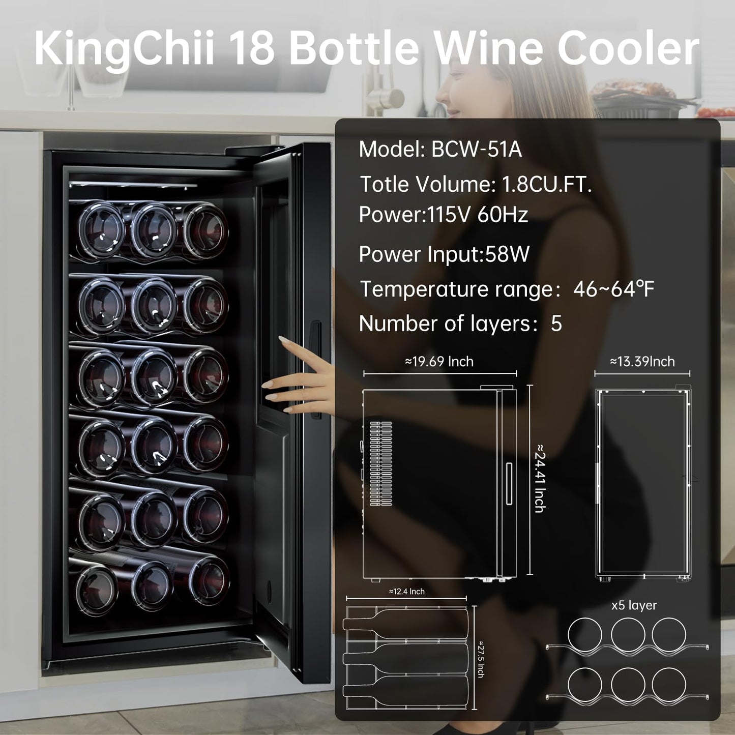 KingChii 16 Bottle Wine Cooler, Freestanding Wine Fridge with Glass Door, Adjustable Shelves & Digital Temperature Display Wine Refrigerator for Red, White, Champagne - Perfect for Home, Kitchen, Bar