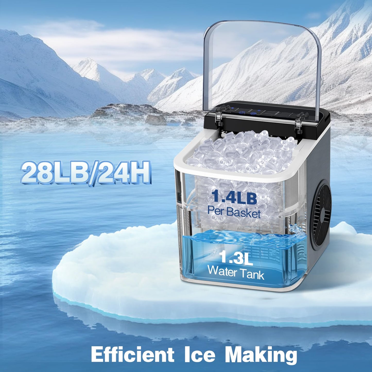 Ice Maker Countertop 28Lbs/Day, 15H Timer, 9 Ice Cubes in 6 Mins, Self-Cleaning Portable Ice Makers 2 Size Bullet Cube, Ice Machine Maker with Scoop, for Home, Kitchen, Camping