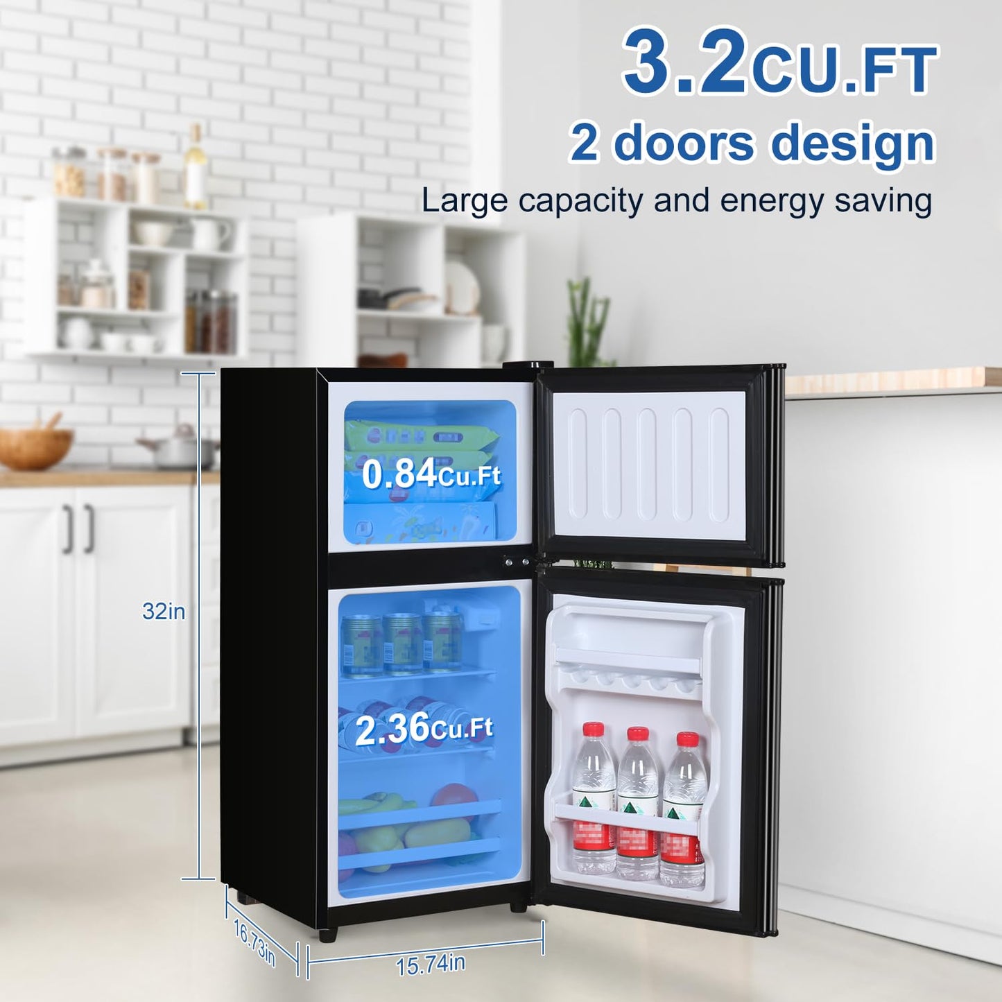 Mini Fridge with Freezer, 2.9 Cu.Ft Small Fridge, Energy Saving, Low Noise,7 Adjustable Thermostat, Double Door Small Refrigerator for Dorm, Bedroom, Office