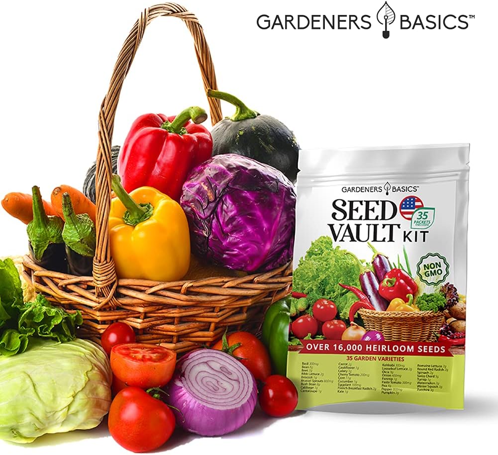 Kit de jardín de semillas de verduras de supervivencia, más de 16,000 semillas sin OMG y criollas, ideal para equipo de supervivencia de emergencia, 35 variedades de semillas para plantar verduras, 35 marcadores de plantas gratuitos, básicos para jardiner