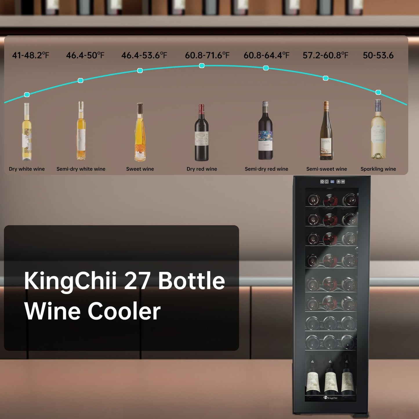 KingChii 16 Bottle Wine Cooler, Freestanding Wine Fridge with Glass Door, Adjustable Shelves & Digital Temperature Display Wine Refrigerator for Red, White, Champagne - Perfect for Home, Kitchen, Bar