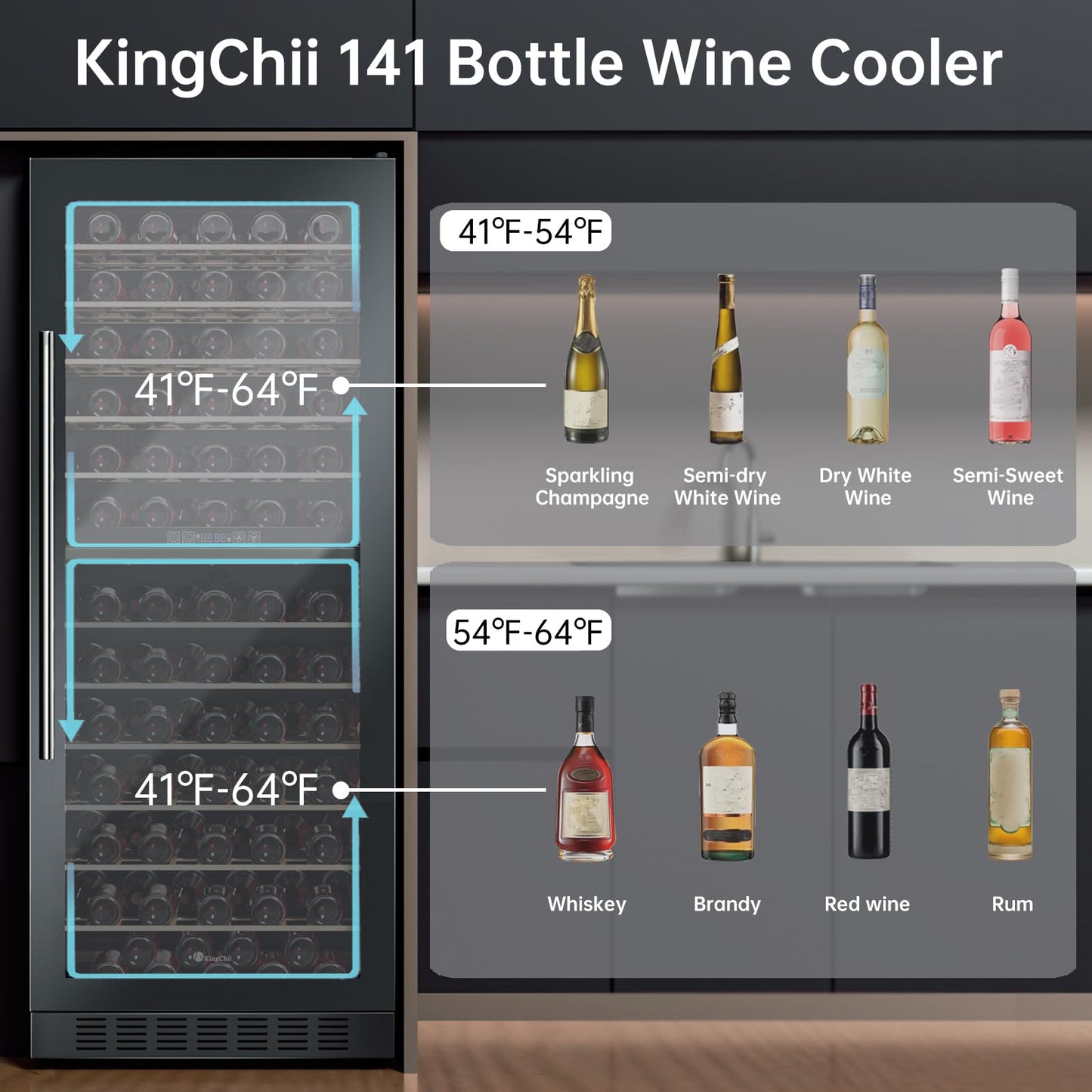 KingChii 16 Bottle Wine Cooler, Freestanding Wine Fridge with Glass Door, Adjustable Shelves & Digital Temperature Display Wine Refrigerator for Red, White, Champagne - Perfect for Home, Kitchen, Bar