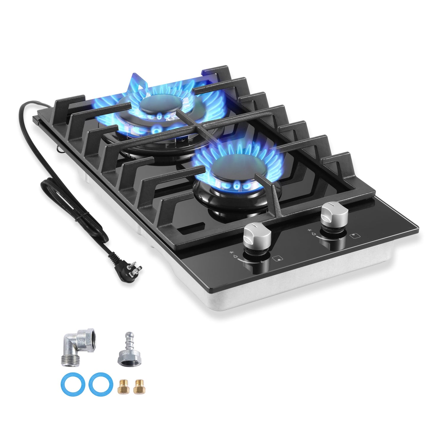 Gas Cooktop 2 Burner Propane Cooktop, 12 Inch Gas Stove Top with Thermocouple Protection, LPG/NG Dual Fuel Built-in Tempered Glass Gas Stove for Apartment, Indoor, RV