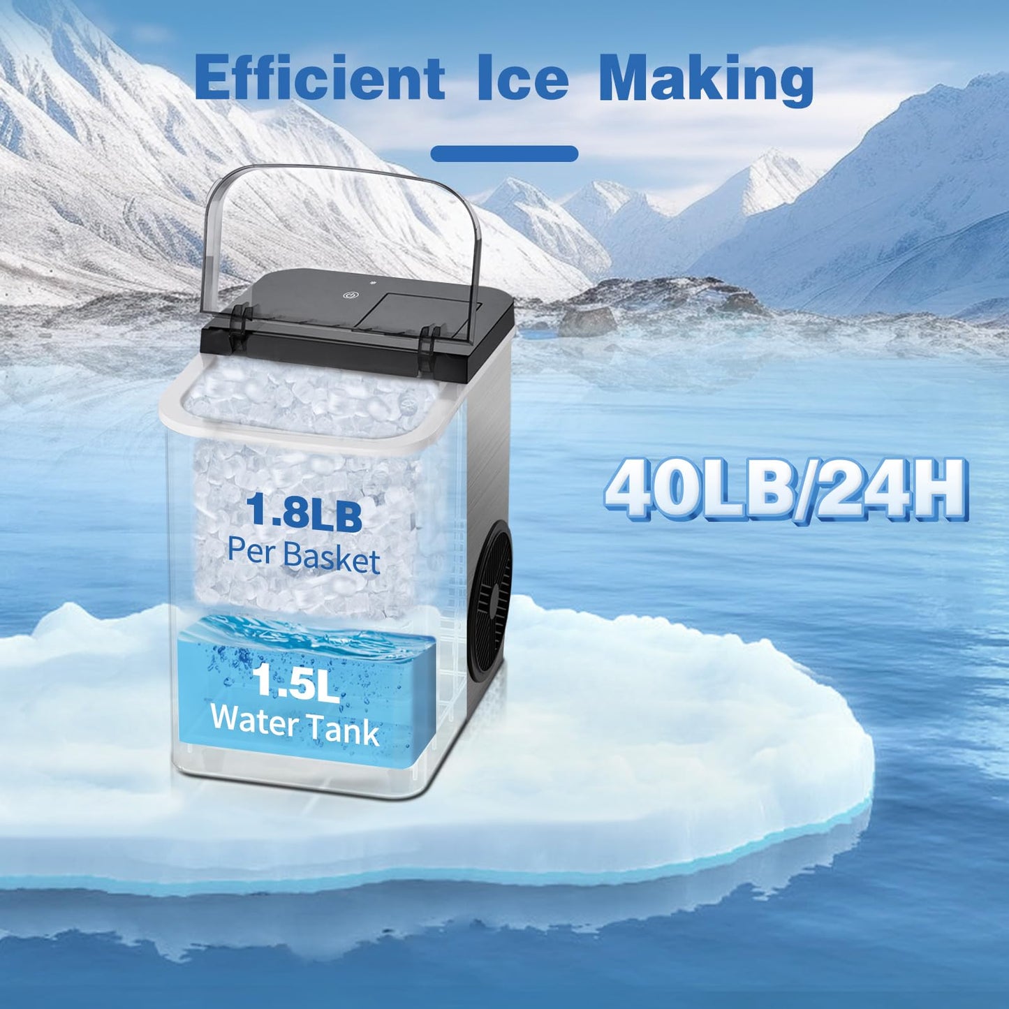 Ice Maker Countertop 28Lbs/Day, 15H Timer, 9 Ice Cubes in 6 Mins, Self-Cleaning Portable Ice Makers 2 Size Bullet Cube, Ice Machine Maker with Scoop, for Home, Kitchen, Camping