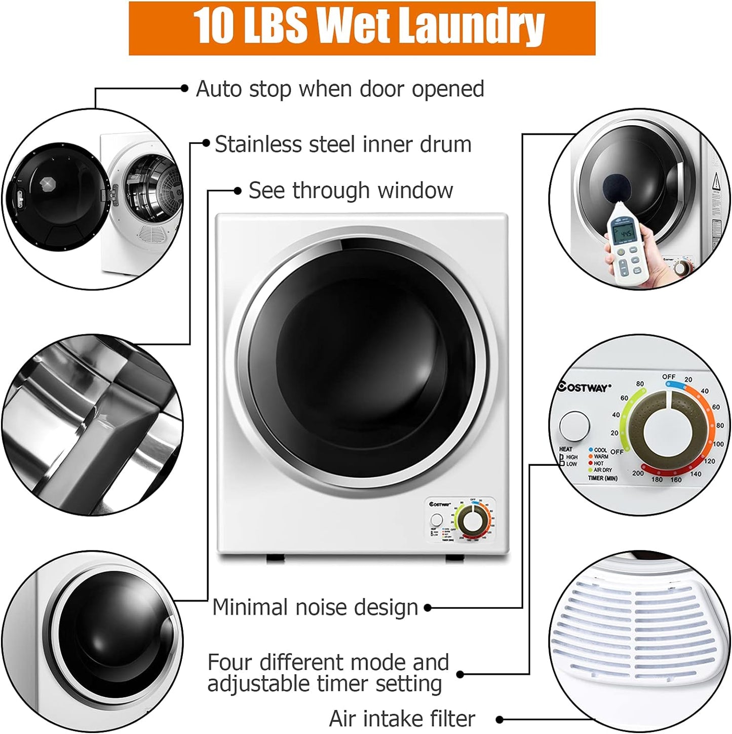 COSTWAY Compact 110V Electric Portable Clothes Stainless Steel Tub Laundry Dryer, for 4 Automatic Drying Mode, White