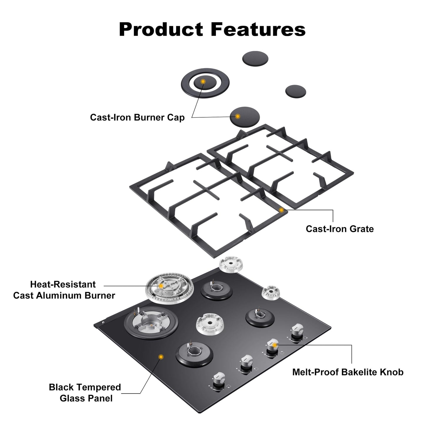 Gas Cooktop 2 Burner Propane Cooktop, 12 Inch Gas Stove Top with Thermocouple Protection, LPG/NG Dual Fuel Built-in Tempered Glass Gas Stove for Apartment, Indoor, RV