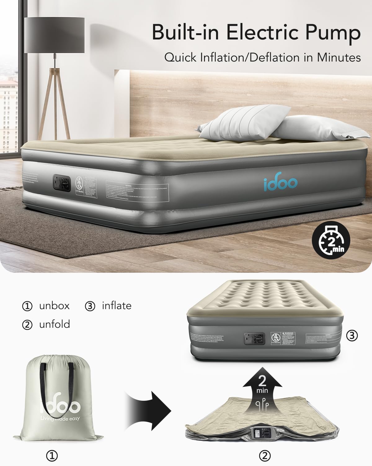 iDOO Twin Air Mattress with Built in Pump, Comfort Blow up Mattress, Inflatable Mattress with Carry Bag for Guests, Home, Camping, Colchones Inflables