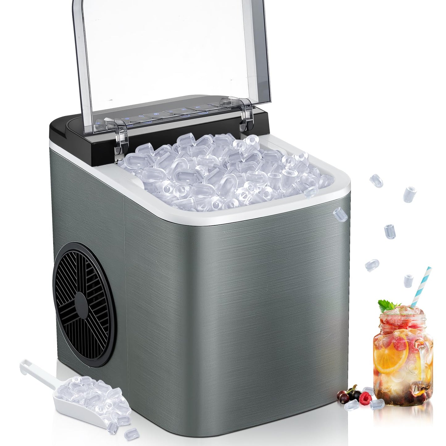 Ice Maker Countertop 28Lbs/Day, 15H Timer, 9 Ice Cubes in 6 Mins, Self-Cleaning Portable Ice Makers 2 Size Bullet Cube, Ice Machine Maker with Scoop, for Home, Kitchen, Camping