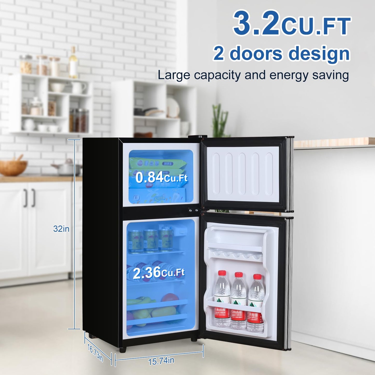 Mini Fridge with Freezer, 2.9 Cu.Ft Small Fridge, Energy Saving, Low Noise,7 Adjustable Thermostat, Double Door Small Refrigerator for Dorm, Bedroom, Office