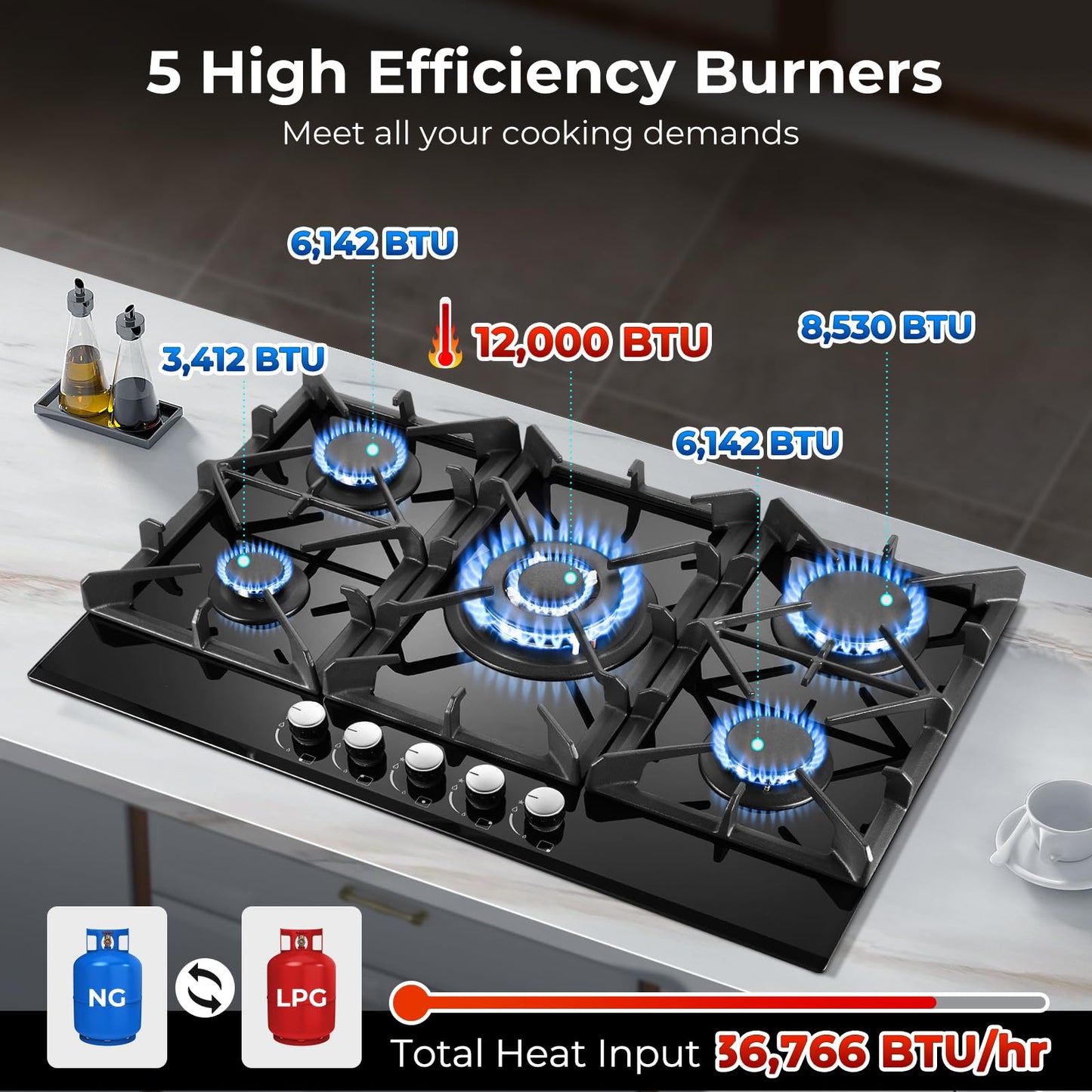 Gas Cooktop 2 Burner Propane Cooktop, 12 Inch Gas Stove Top with Thermocouple Protection, LPG/NG Dual Fuel Built-in Tempered Glass Gas Stove for Apartment, Indoor, RV