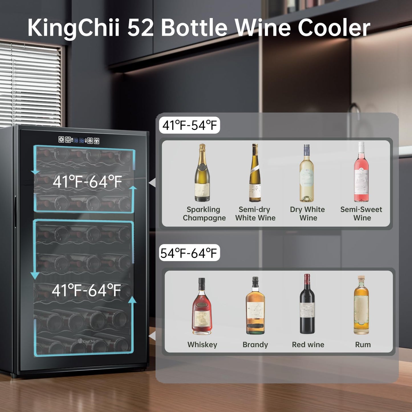 KingChii 16 Bottle Wine Cooler, Freestanding Wine Fridge with Glass Door, Adjustable Shelves & Digital Temperature Display Wine Refrigerator for Red, White, Champagne - Perfect for Home, Kitchen, Bar