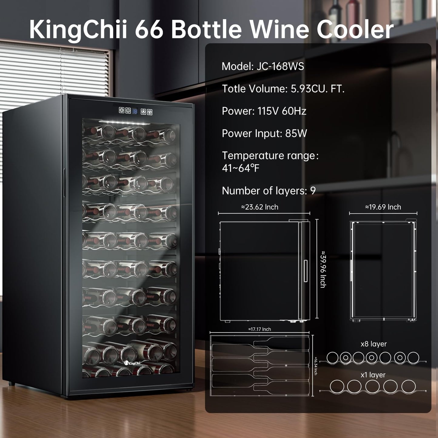 KingChii 16 Bottle Wine Cooler, Freestanding Wine Fridge with Glass Door, Adjustable Shelves & Digital Temperature Display Wine Refrigerator for Red, White, Champagne - Perfect for Home, Kitchen, Bar