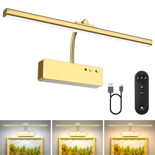 Picture Light with Remote, 15.35inch Wireless Rechargeable Battery Wall Light for Paintings, 3 Colors Paintings Light Dimmable and Timer Metal Art Light for Display, Wall, Artwork, Gallery (Black)