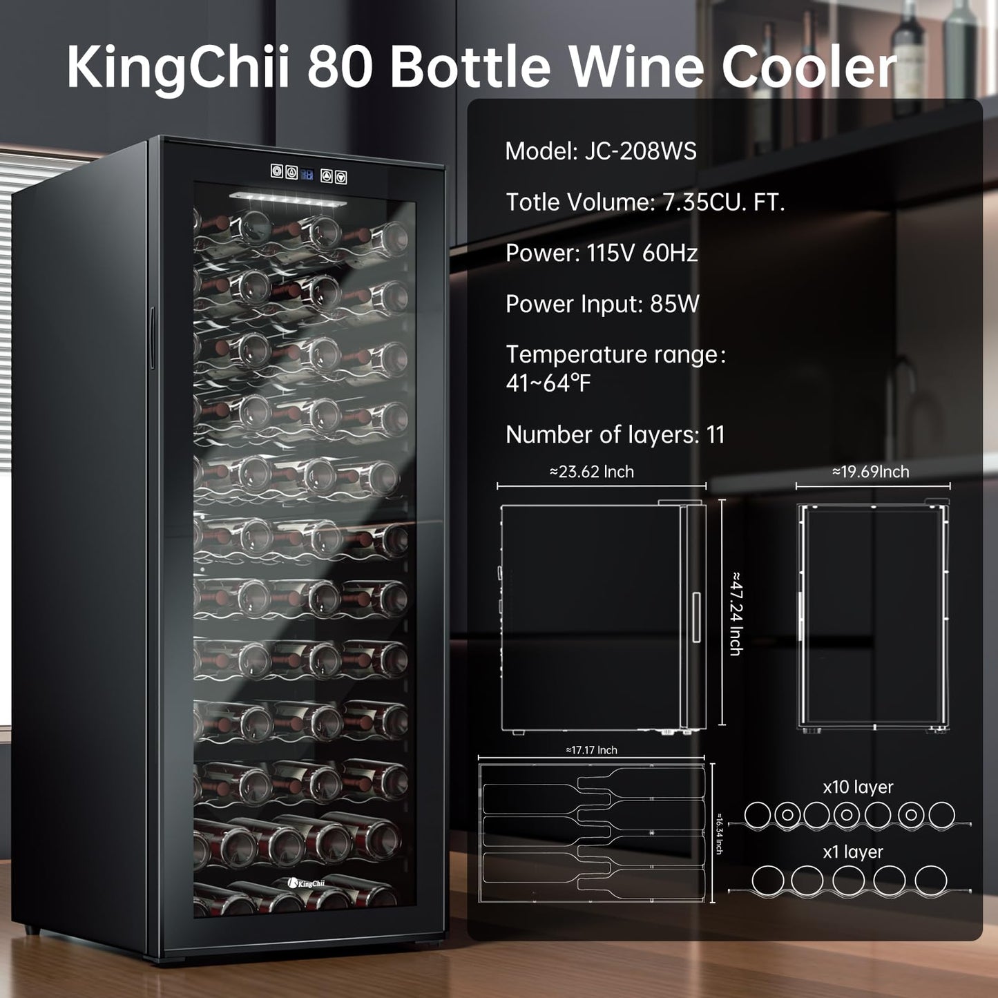 KingChii 16 Bottle Wine Cooler, Freestanding Wine Fridge with Glass Door, Adjustable Shelves & Digital Temperature Display Wine Refrigerator for Red, White, Champagne - Perfect for Home, Kitchen, Bar