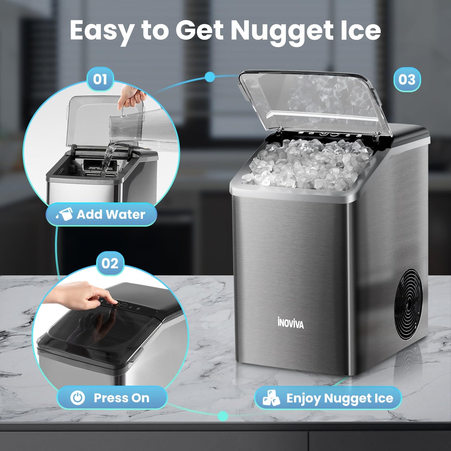 Nugget Ice Maker Countertop, 40lbs/24H Soft Chewable Pellet Ice Machine with Self-Cleaning, Sonic Ice Maker for Home Kitchen,Office - Black Stainless