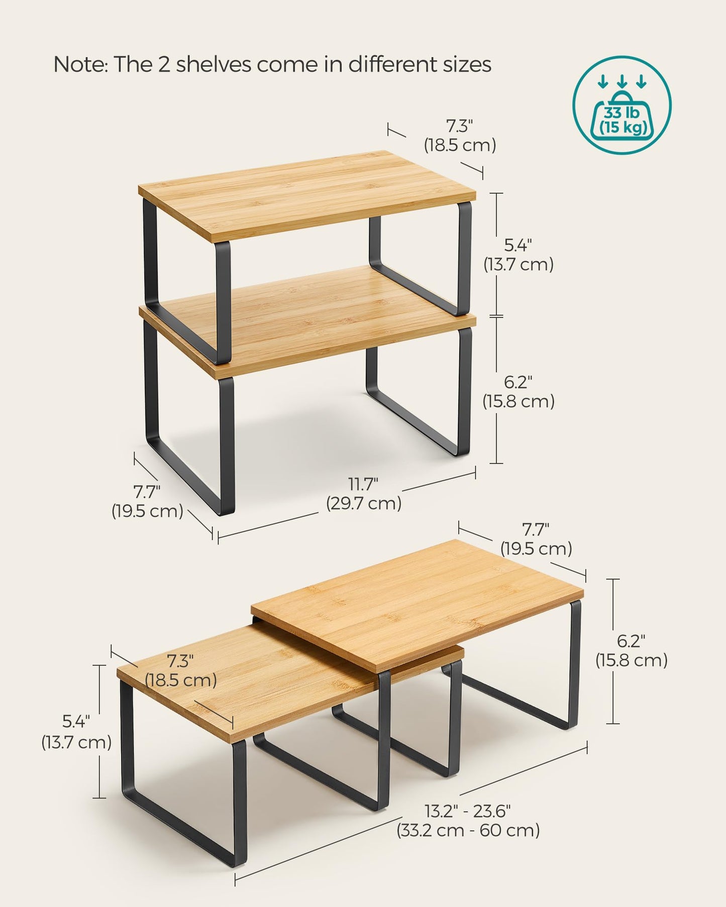 SONGMICS Cabinet Organizer Shelf, Set of 2 Kitchen Counter Shelves, Kitchen Storage, Spice Rack, Stackable, Expandable, Metal and Engineered Wood, Cloud White and Natural Beige UKCS200W01