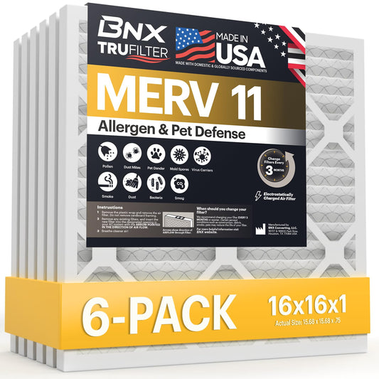 BNX TruFilter 14x25x1 Air Filter MERV 11 (6-Pack) - MADE IN USA - Allergen Defense Electrostatic Pleated Air Conditioner HVAC AC Furnace Filters for Allergies, Dust, Pet, Smoke, Allergy MPR 1200 FPR 7