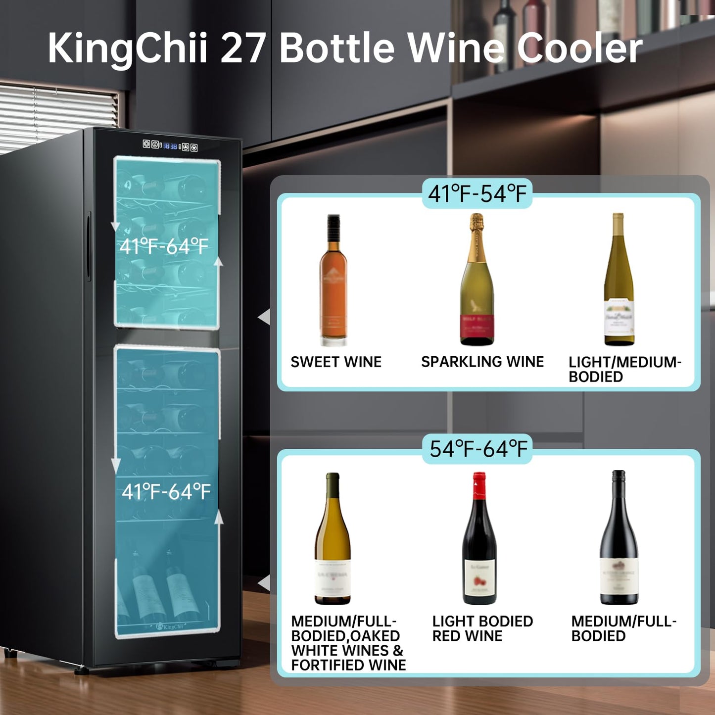 KingChii 16 Bottle Wine Cooler, Freestanding Wine Fridge with Glass Door, Adjustable Shelves & Digital Temperature Display Wine Refrigerator for Red, White, Champagne - Perfect for Home, Kitchen, Bar