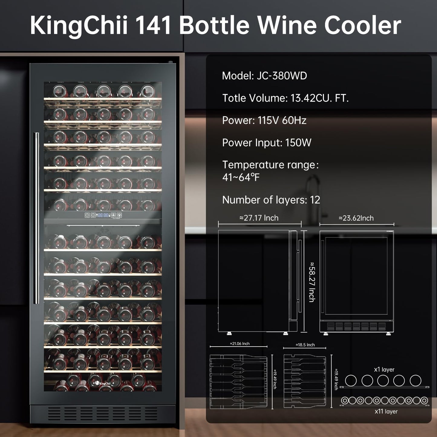 KingChii 16 Bottle Wine Cooler, Freestanding Wine Fridge with Glass Door, Adjustable Shelves & Digital Temperature Display Wine Refrigerator for Red, White, Champagne - Perfect for Home, Kitchen, Bar