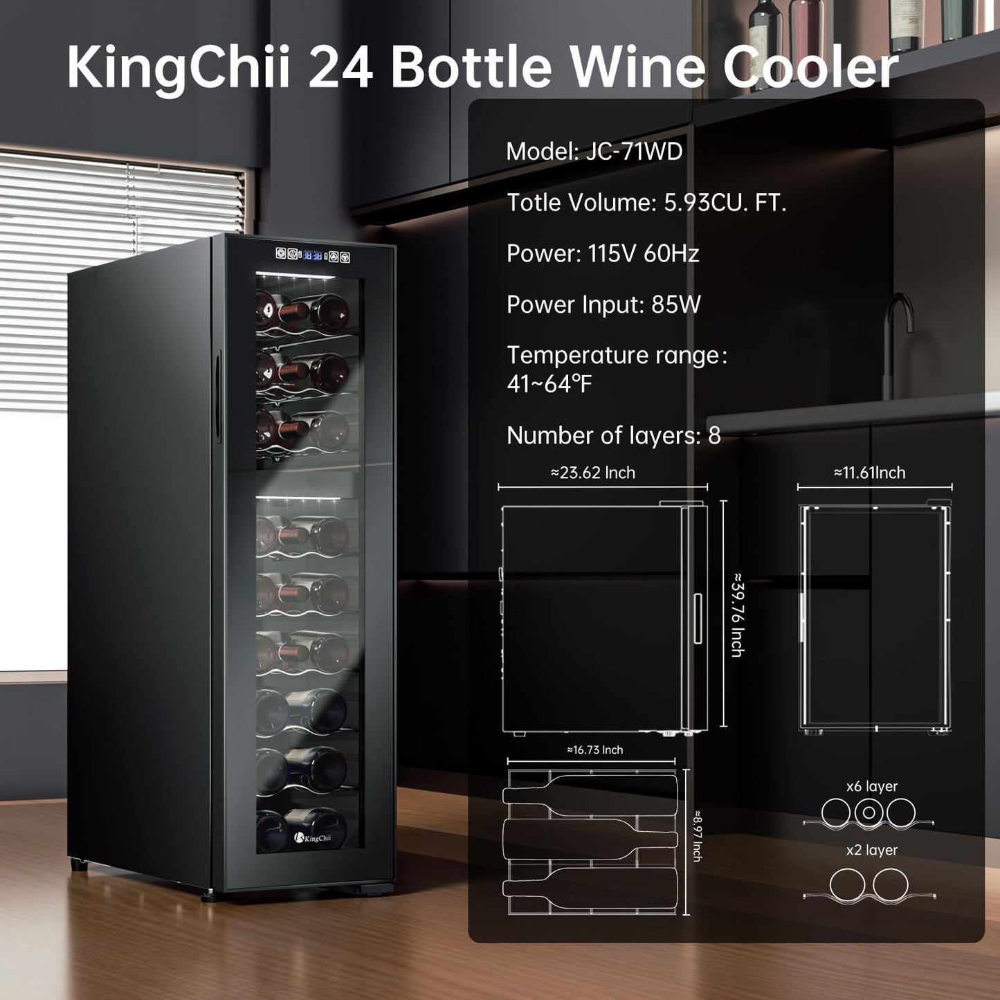 KingChii 16 Bottle Wine Cooler, Freestanding Wine Fridge with Glass Door, Adjustable Shelves & Digital Temperature Display Wine Refrigerator for Red, White, Champagne - Perfect for Home, Kitchen, Bar