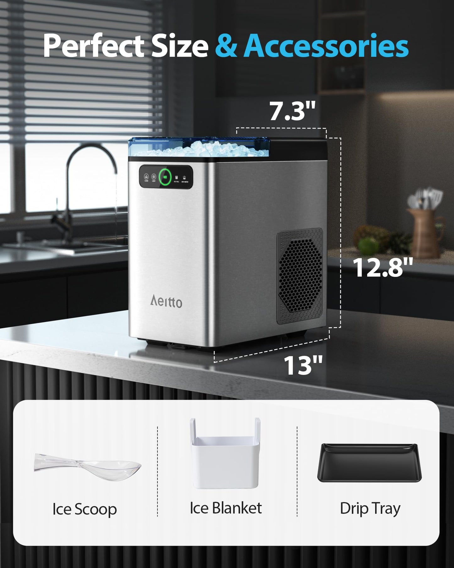 Aeitto Nugget Ice Maker 40Lbs/24H, Countertop Soft Chewable Ice Pebble Ice Machine, One-Click Operation, Auto Self-Cleaning Ice Makers with Scoop&Basket for Home, Office, Kitchen, Party (Silver)