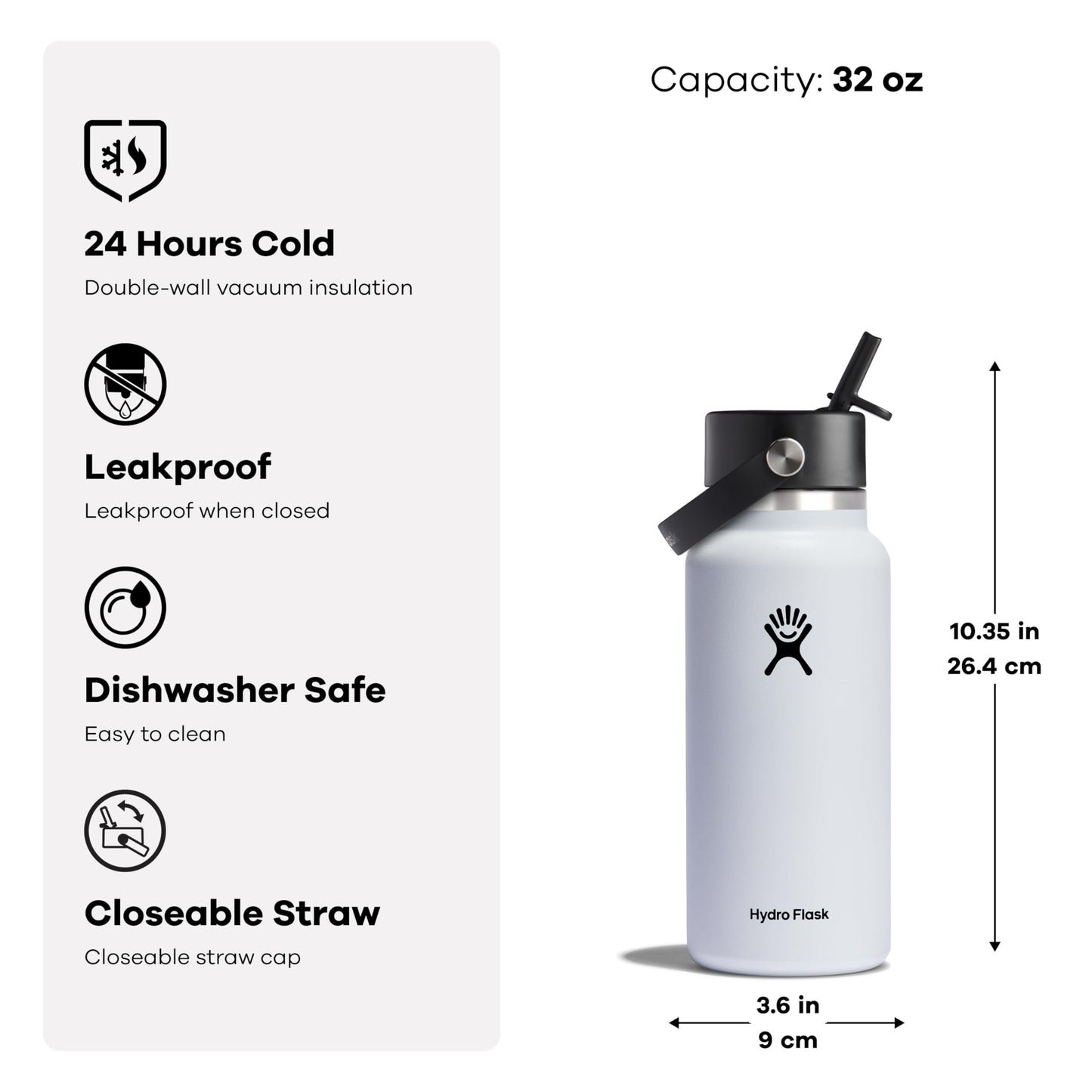 HYDRO FLASK Wide Mouth vacuum insulated stainless steel water bottle with leakproof closeable straw lid for cold water drinks, sports, travel, car and school