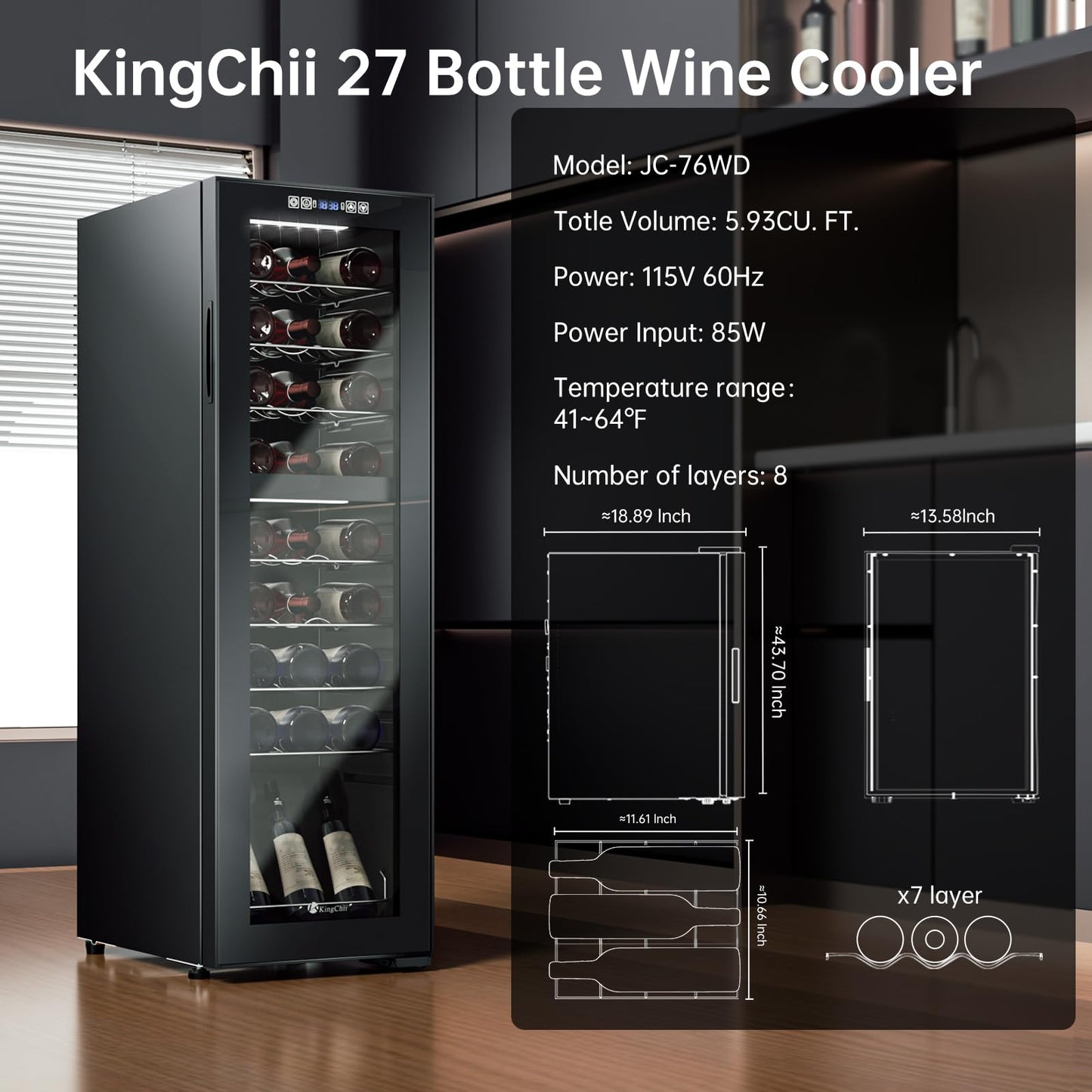 KingChii 16 Bottle Wine Cooler, Freestanding Wine Fridge with Glass Door, Adjustable Shelves & Digital Temperature Display Wine Refrigerator for Red, White, Champagne - Perfect for Home, Kitchen, Bar