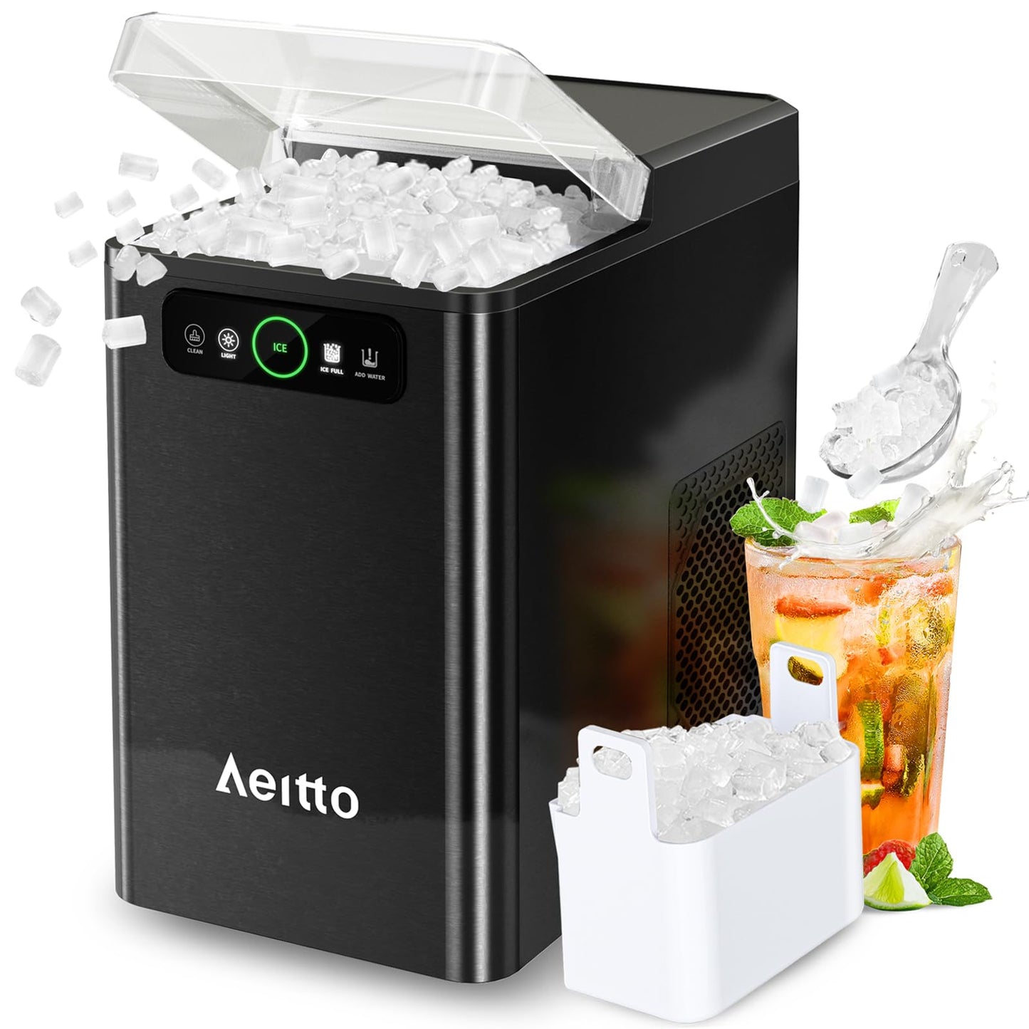 Aeitto Nugget Ice Maker 40Lbs/24H, Countertop Soft Chewable Ice Pebble Ice Machine, One-Click Operation, Auto Self-Cleaning Ice Makers with Scoop&Basket for Home, Office, Kitchen, Party (Silver)