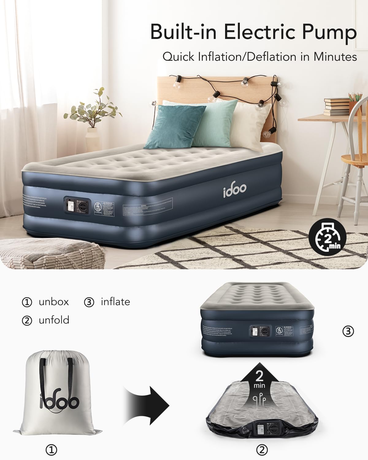 iDOO Twin Air Mattress with Built in Pump, Comfort Blow up Mattress, Inflatable Mattress with Carry Bag for Guests, Home, Camping, Colchones Inflables