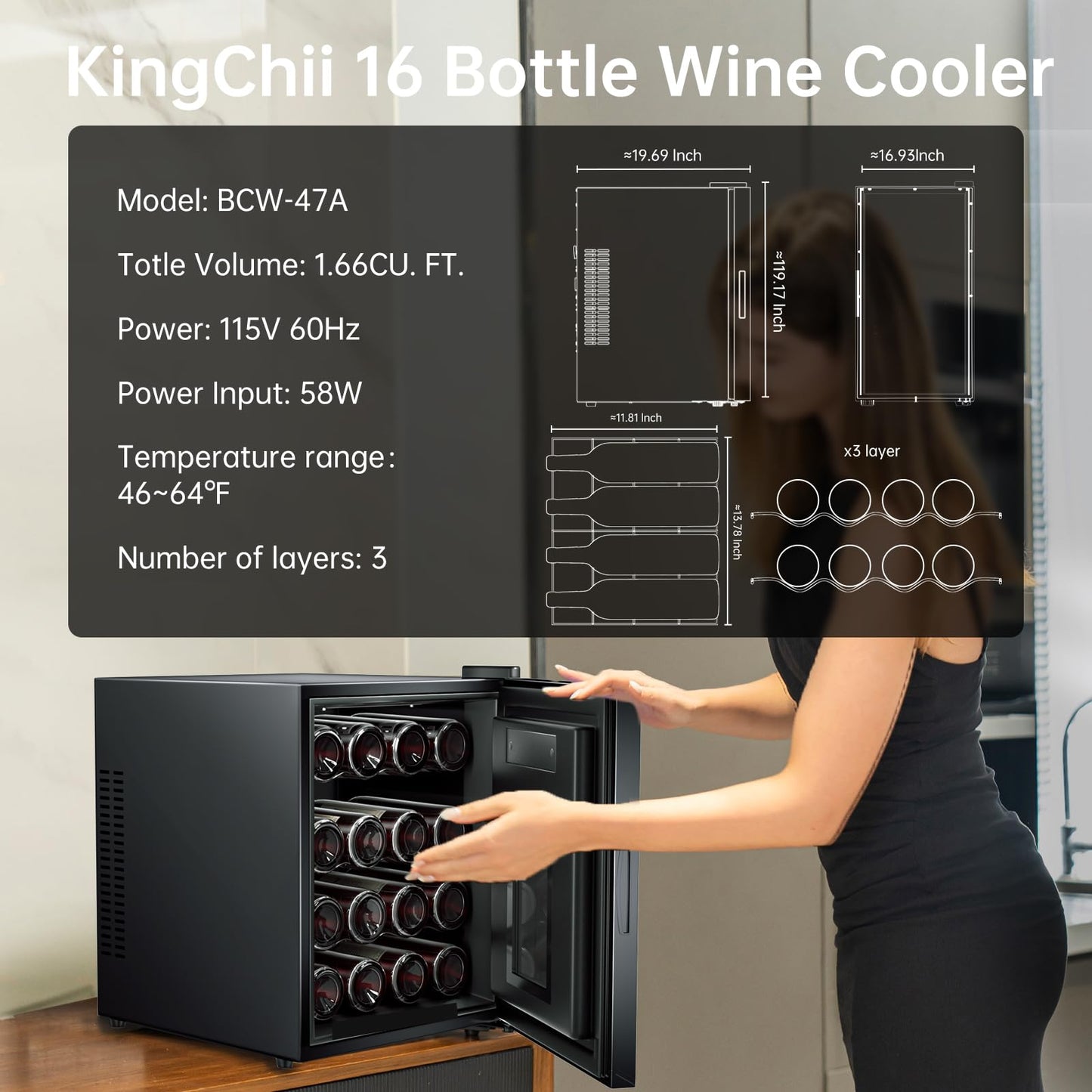 KingChii 16 Bottle Wine Cooler, Freestanding Wine Fridge with Glass Door, Adjustable Shelves & Digital Temperature Display Wine Refrigerator for Red, White, Champagne - Perfect for Home, Kitchen, Bar