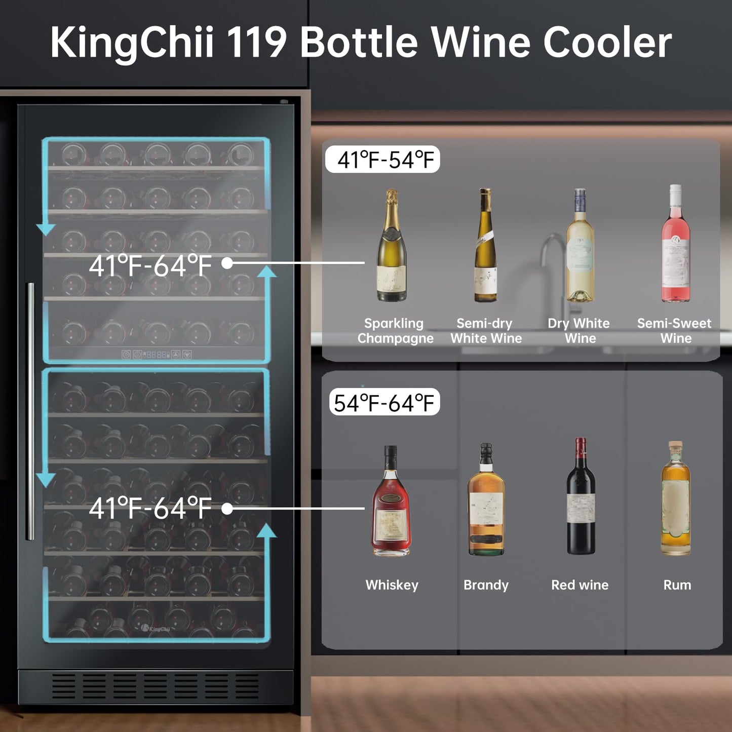 KingChii 16 Bottle Wine Cooler, Freestanding Wine Fridge with Glass Door, Adjustable Shelves & Digital Temperature Display Wine Refrigerator for Red, White, Champagne - Perfect for Home, Kitchen, Bar