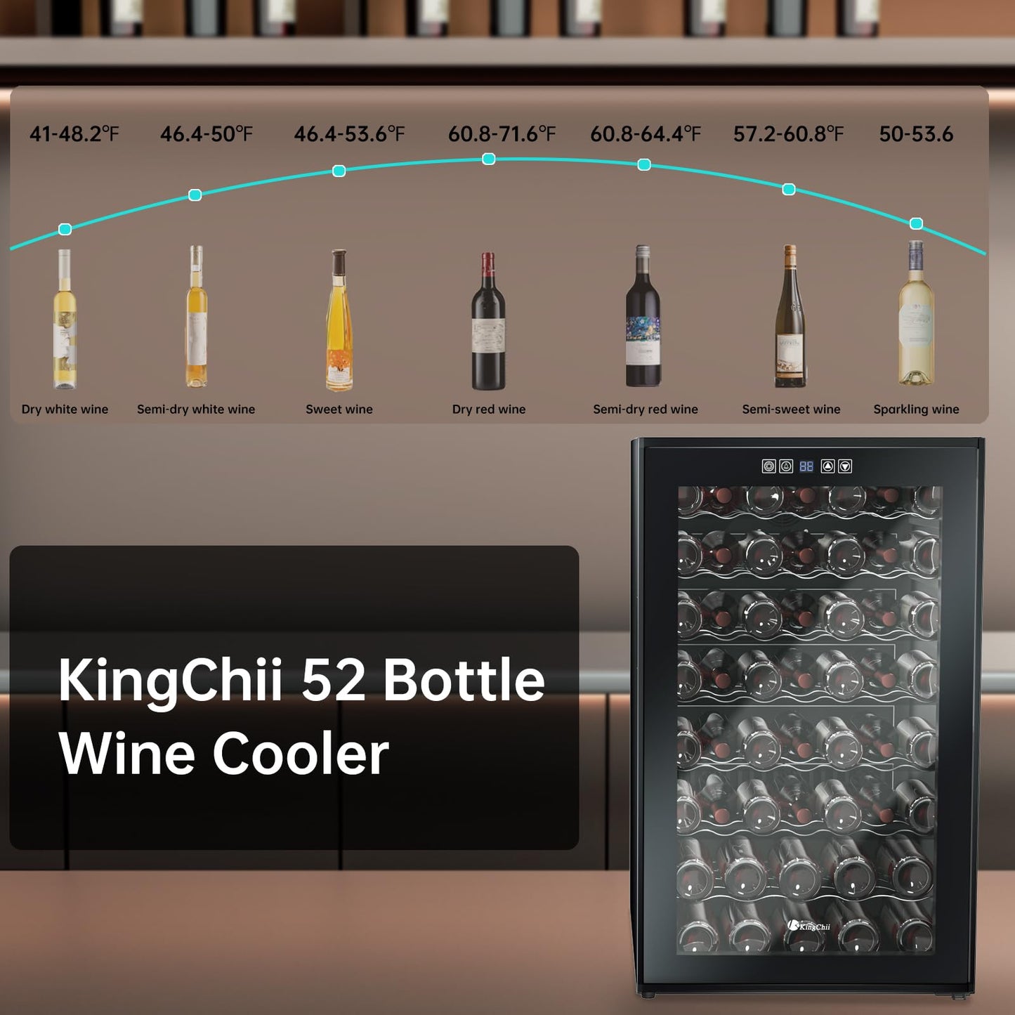 KingChii 16 Bottle Wine Cooler, Freestanding Wine Fridge with Glass Door, Adjustable Shelves & Digital Temperature Display Wine Refrigerator for Red, White, Champagne - Perfect for Home, Kitchen, Bar