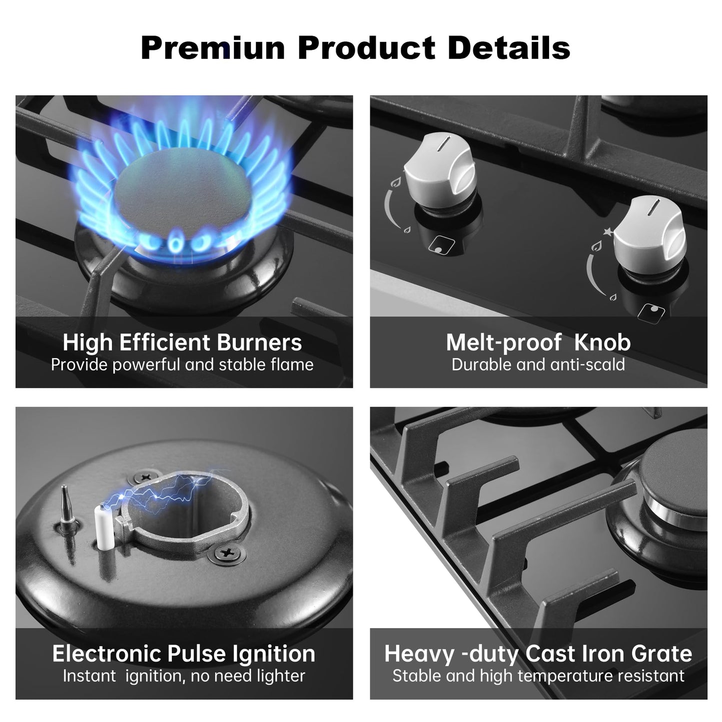 Gas Cooktop 2 Burner Propane Cooktop, 12 Inch Gas Stove Top with Thermocouple Protection, LPG/NG Dual Fuel Built-in Tempered Glass Gas Stove for Apartment, Indoor, RV