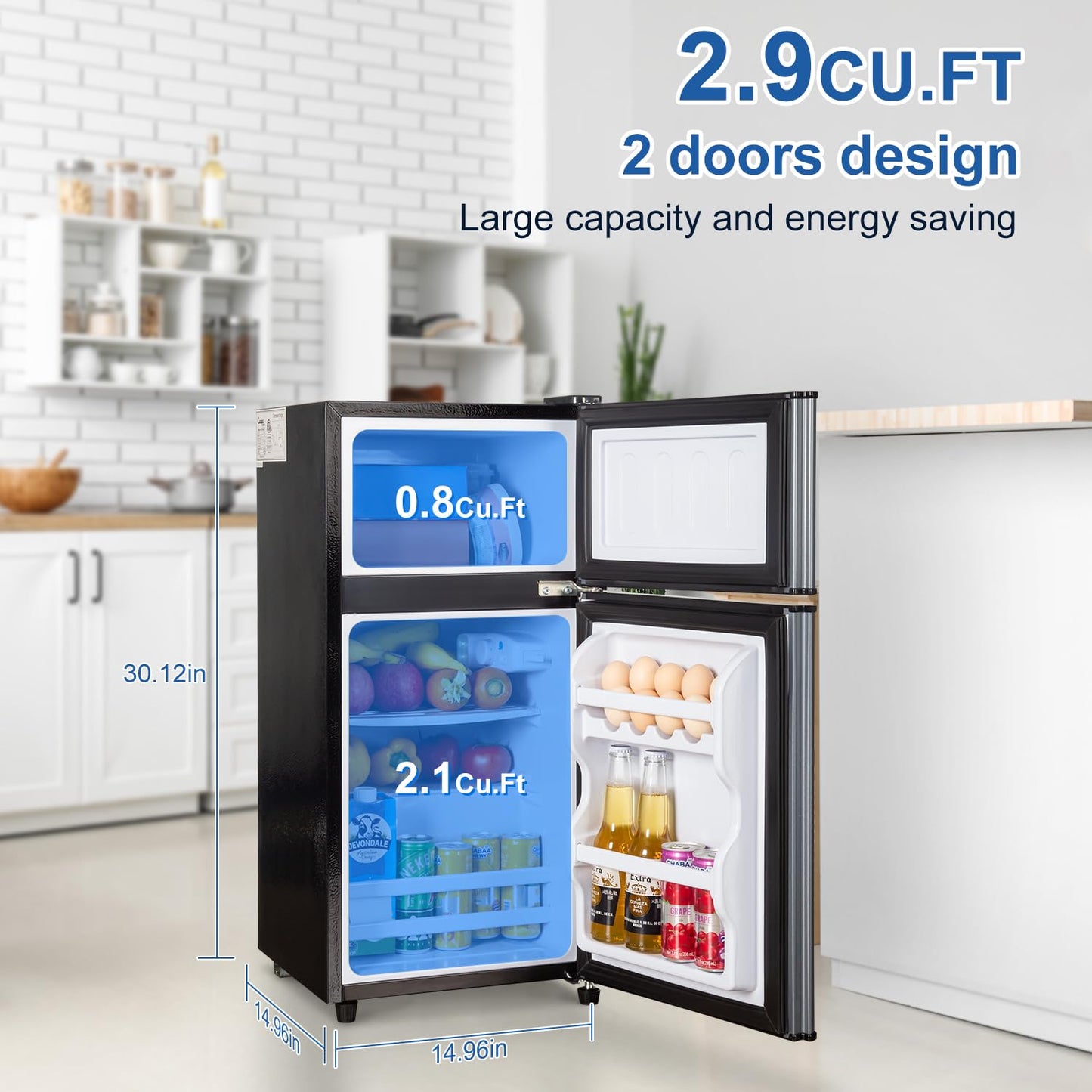 Mini Fridge with Freezer, 2.9 Cu.Ft Small Fridge, Energy Saving, Low Noise,7 Adjustable Thermostat, Double Door Small Refrigerator for Dorm, Bedroom, Office