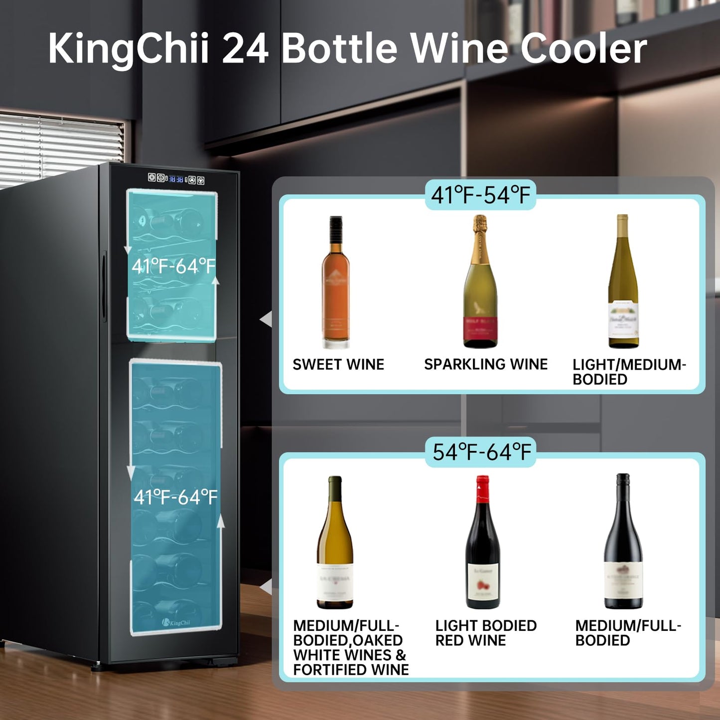 KingChii 16 Bottle Wine Cooler, Freestanding Wine Fridge with Glass Door, Adjustable Shelves & Digital Temperature Display Wine Refrigerator for Red, White, Champagne - Perfect for Home, Kitchen, Bar