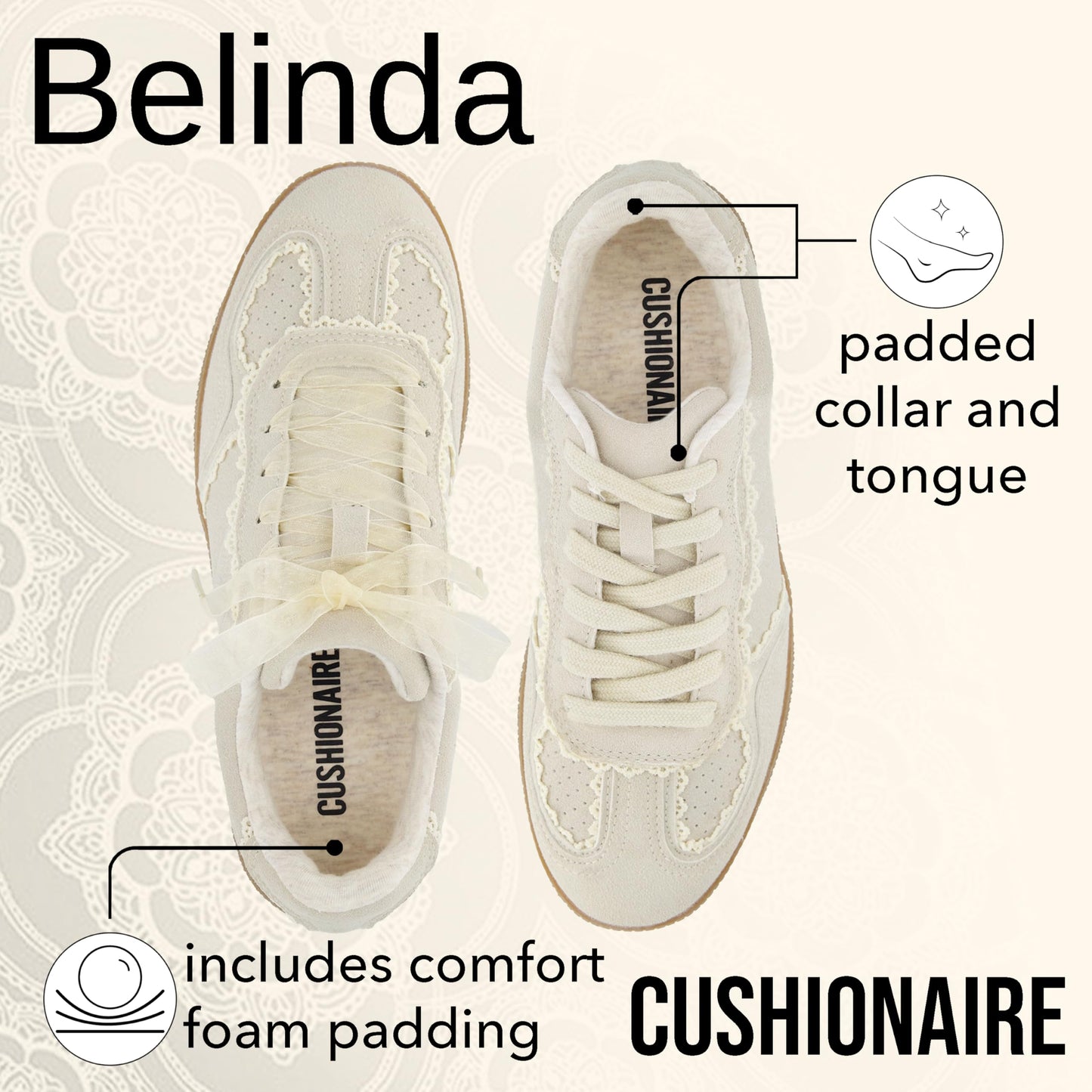 CUSHIONAIRE Belinda Women’s Lace Detail Casual Sneakers – Elegant Ribbon Lace-Up Shoes with Memory Foam