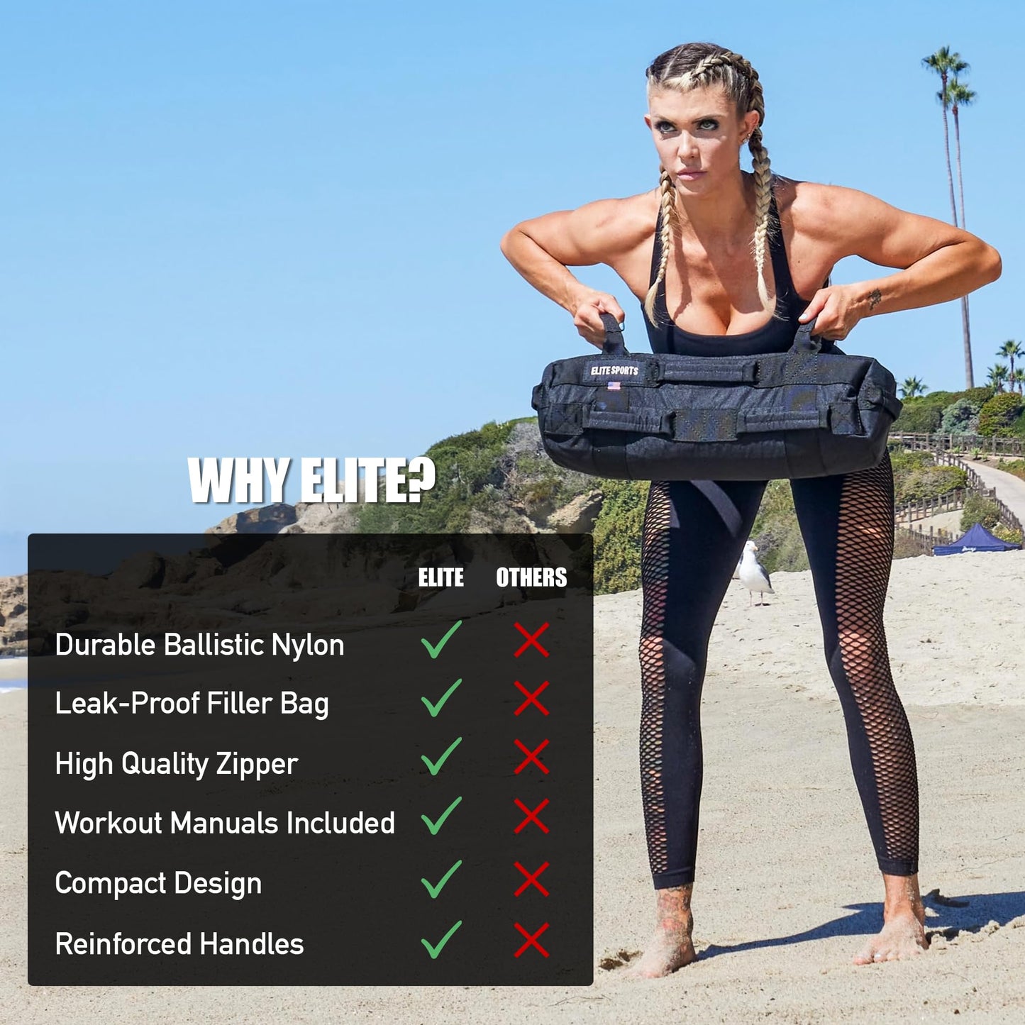 Elite Sports Workout Sandbag for Versatile, Intensive Core Muscles Fitness, Strength Training with Strategic Handle Placement (Unfilled)