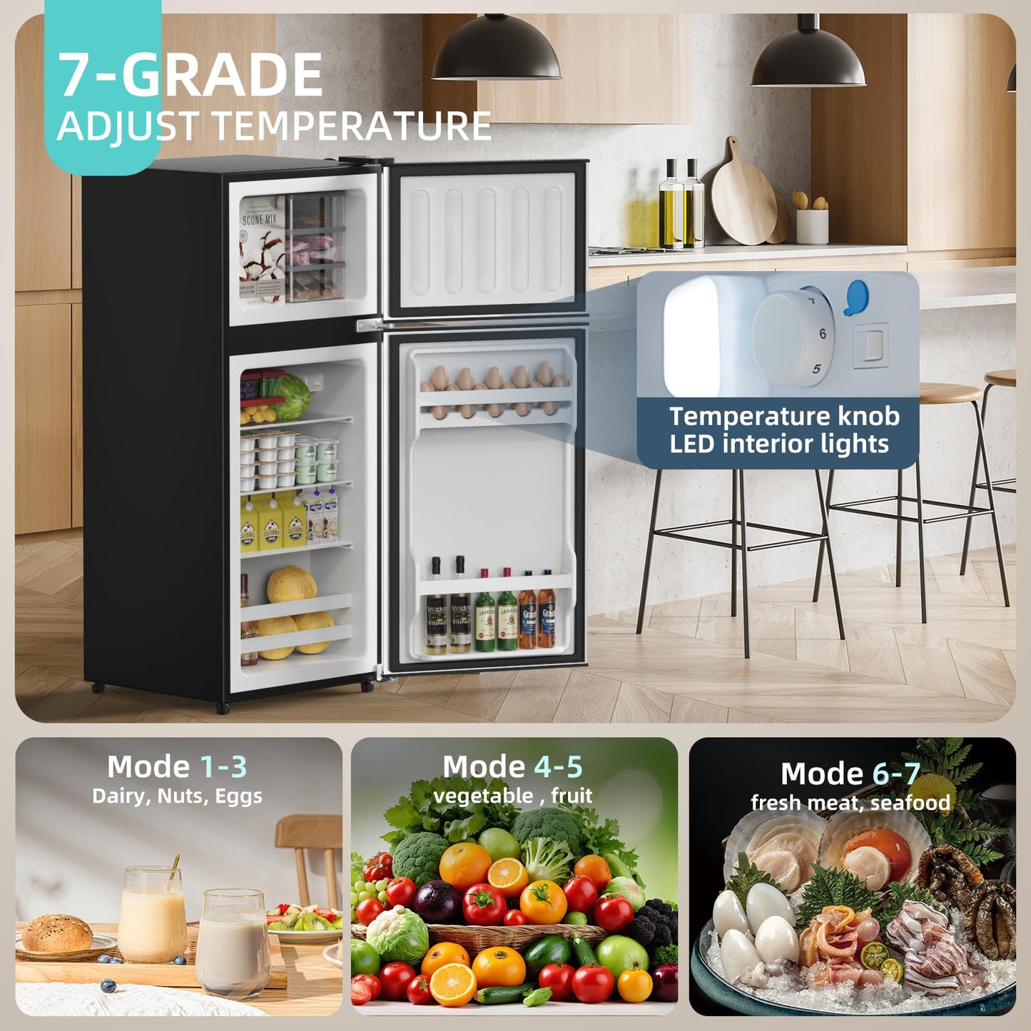 Mini Fridge with Freezer, 2.9 Cu.Ft Small Fridge, Energy Saving, Low Noise,7 Adjustable Thermostat, Double Door Small Refrigerator for Dorm, Bedroom, Office