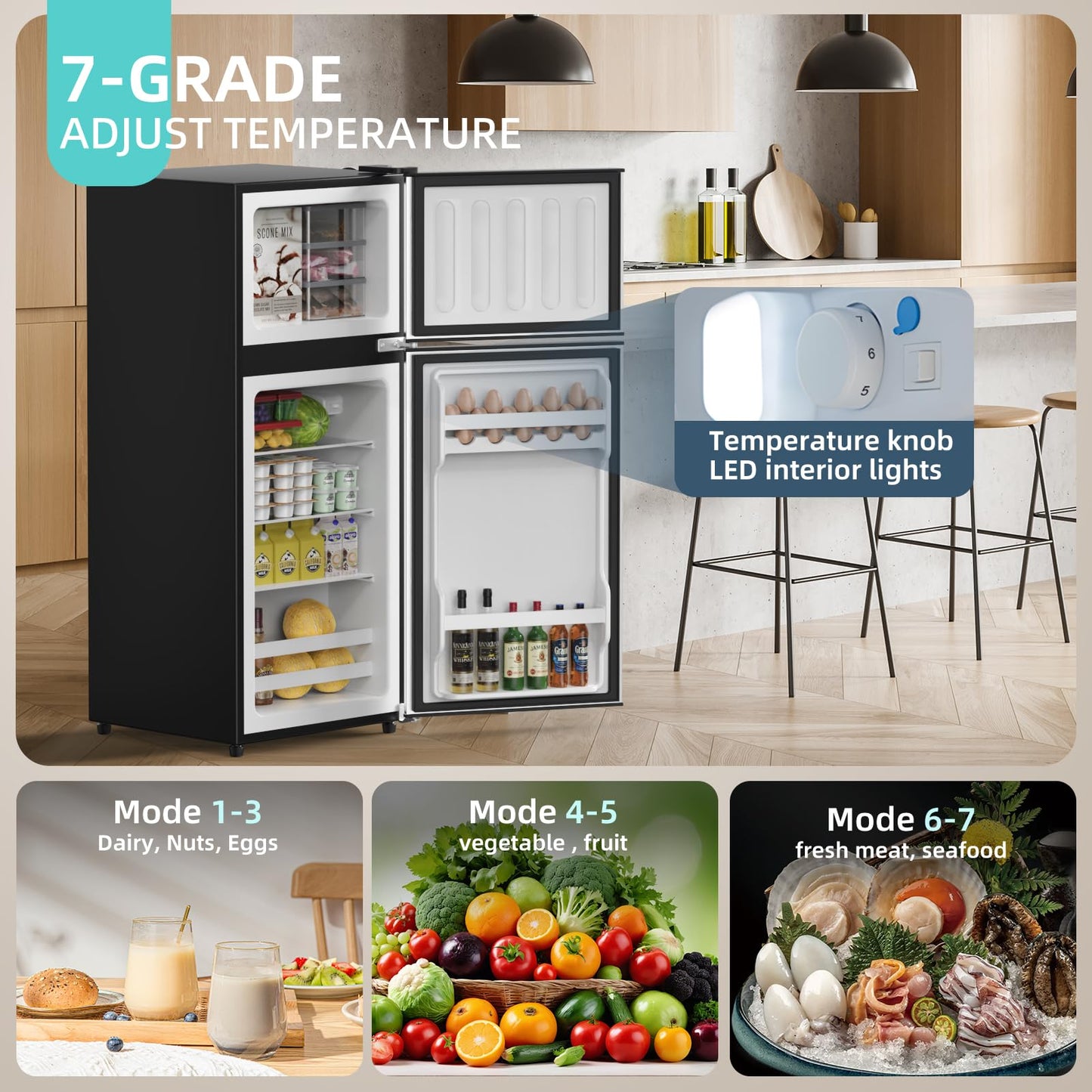 Mini Fridge with Freezer, 2.9 Cu.Ft Small Fridge, Energy Saving, Low Noise,7 Adjustable Thermostat, Double Door Small Refrigerator for Dorm, Bedroom, Office