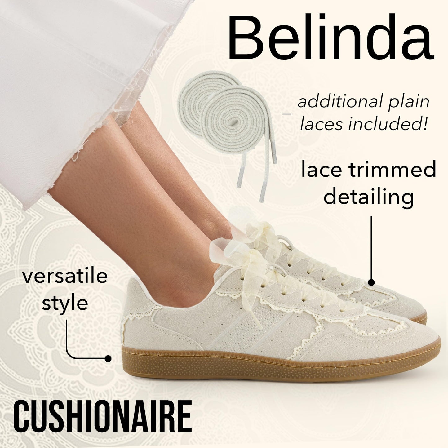 CUSHIONAIRE Belinda Women’s Lace Detail Casual Sneakers – Elegant Ribbon Lace-Up Shoes with Memory Foam