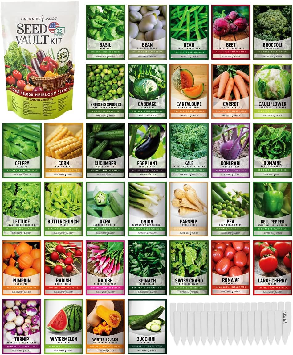 Kit de jardín de semillas de verduras de supervivencia, más de 16,000 semillas sin OMG y criollas, ideal para equipo de supervivencia de emergencia, 35 variedades de semillas para plantar verduras, 35 marcadores de plantas gratuitos, básicos para jardiner