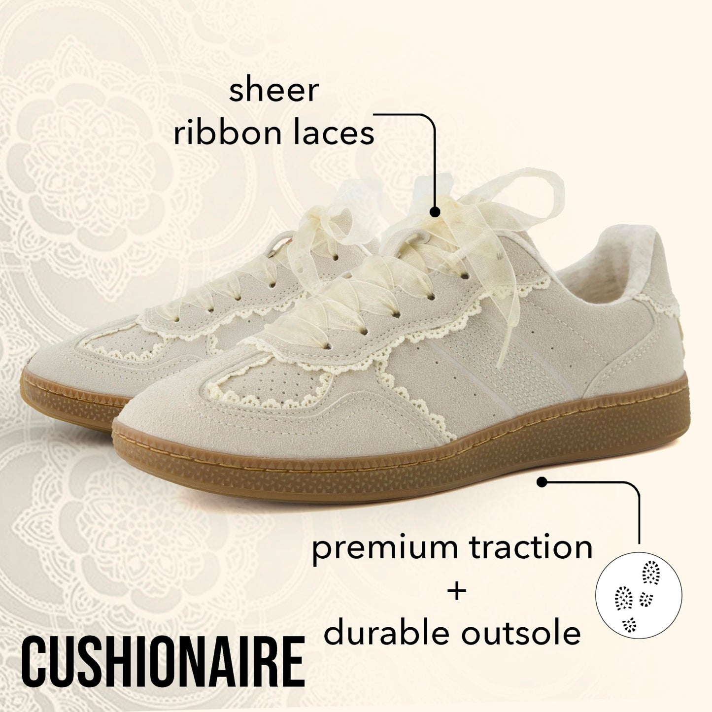 CUSHIONAIRE Belinda Women’s Lace Detail Casual Sneakers – Elegant Ribbon Lace-Up Shoes with Memory Foam