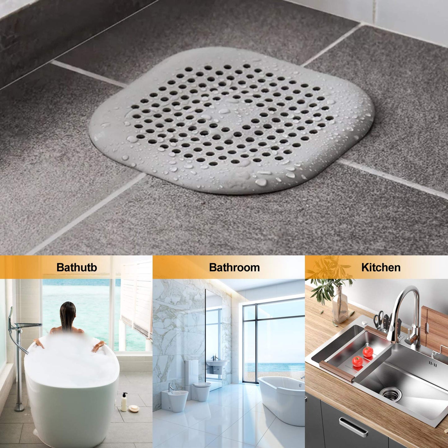 Hair Drain Catcher,Square Drain Cover for Shower Silicone Hair Stopper with Suction Cup,Easy to Install Suit for Bathroom,Bathtub,Kitchen 4 Pack (Aluminium Grey)