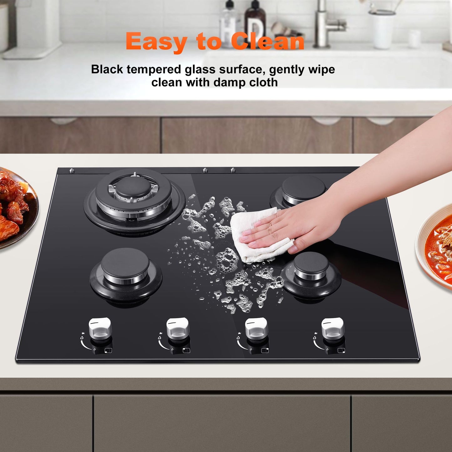 Gas Cooktop 2 Burner Propane Cooktop, 12 Inch Gas Stove Top with Thermocouple Protection, LPG/NG Dual Fuel Built-in Tempered Glass Gas Stove for Apartment, Indoor, RV