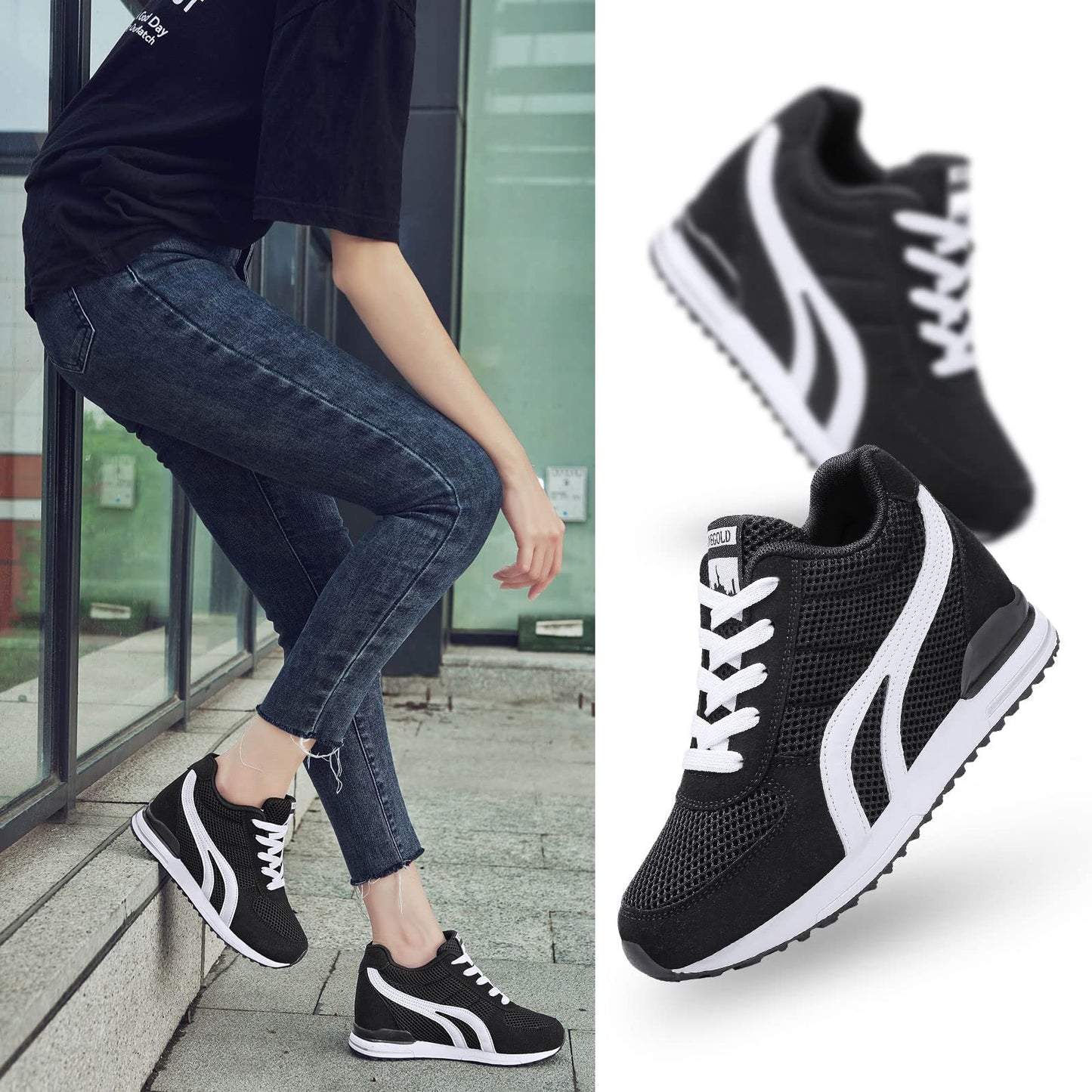 AONEGOLD Women's Platform Sneakers Wedges High Top Lace Up Shoes Increase Fashion Sneakers for Womens Girls