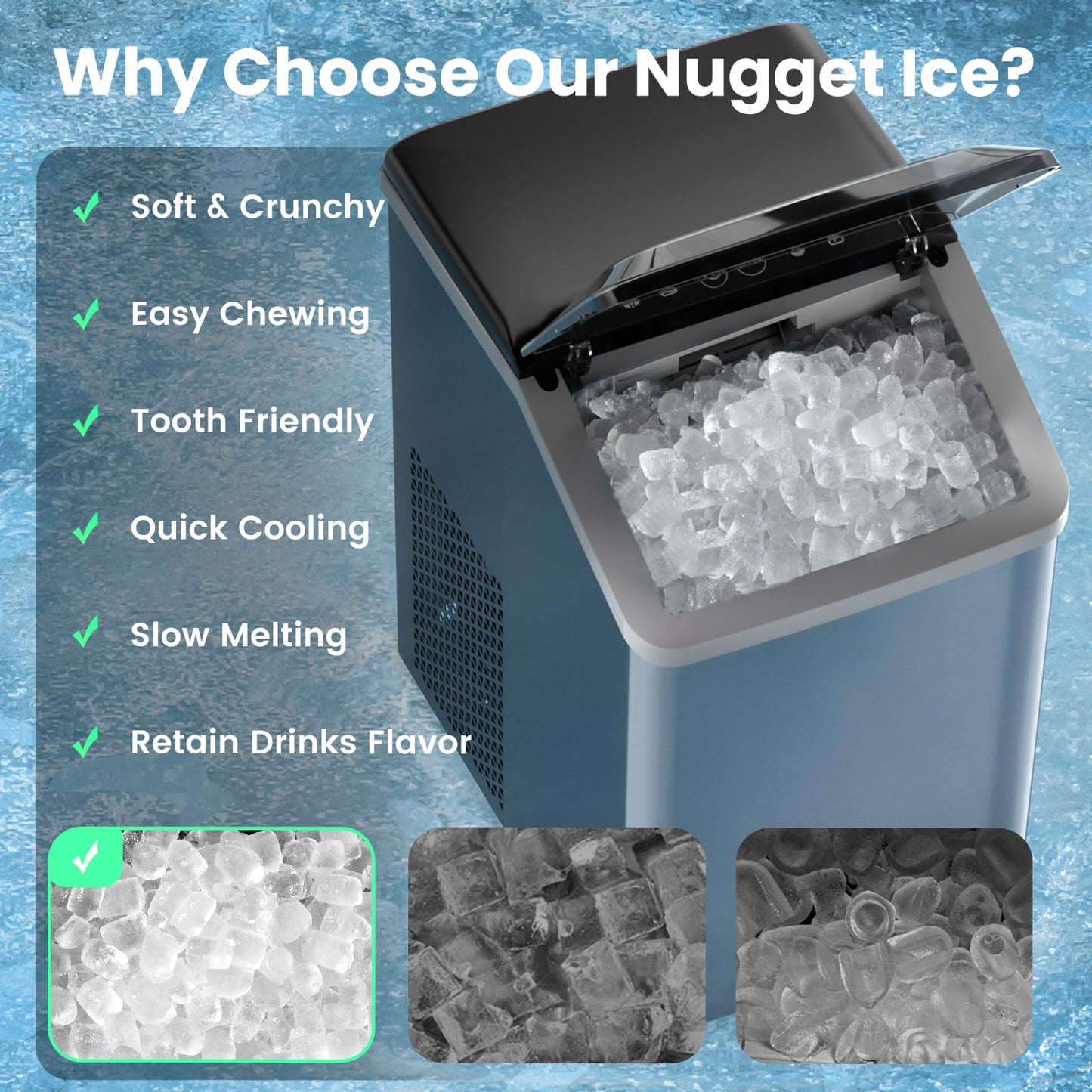 Nugget Ice Maker Countertop, 40lbs/24H Soft Chewable Pellet Ice Machine with Self-Cleaning, Sonic Ice Maker for Home Kitchen,Office - Black Stainless