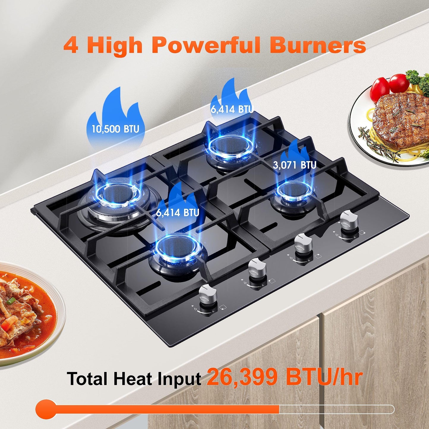 Gas Cooktop 2 Burner Propane Cooktop, 12 Inch Gas Stove Top with Thermocouple Protection, LPG/NG Dual Fuel Built-in Tempered Glass Gas Stove for Apartment, Indoor, RV